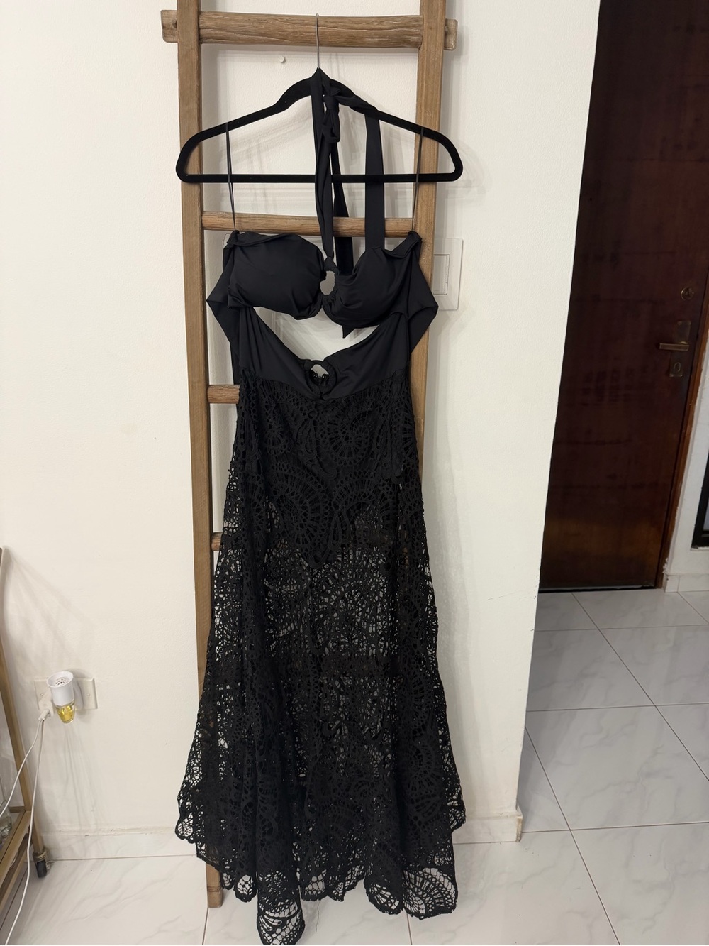 Black Crochet Maxi Dress with Halter Tie